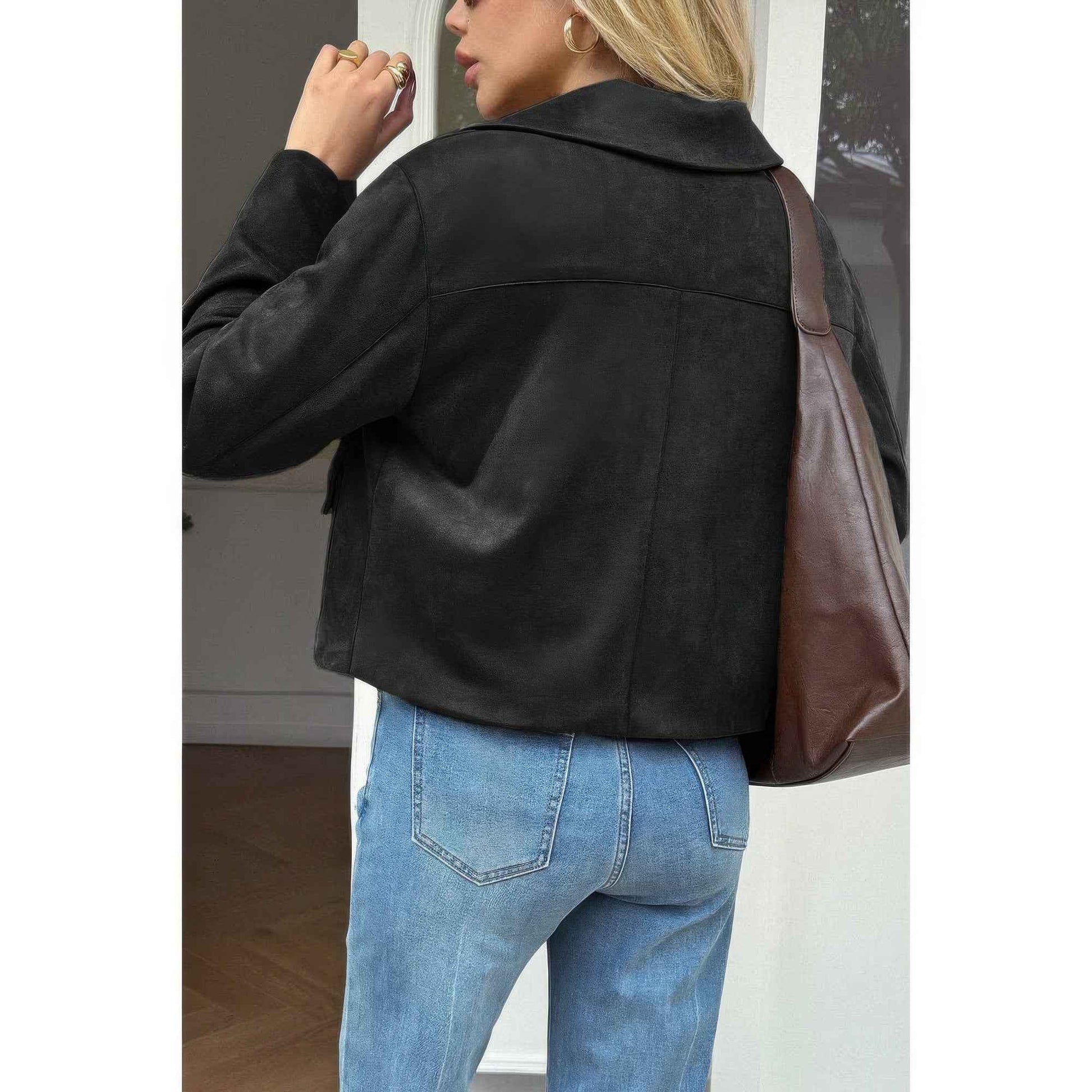 Solid Suit Lapel Faux Suede Leather Jacket