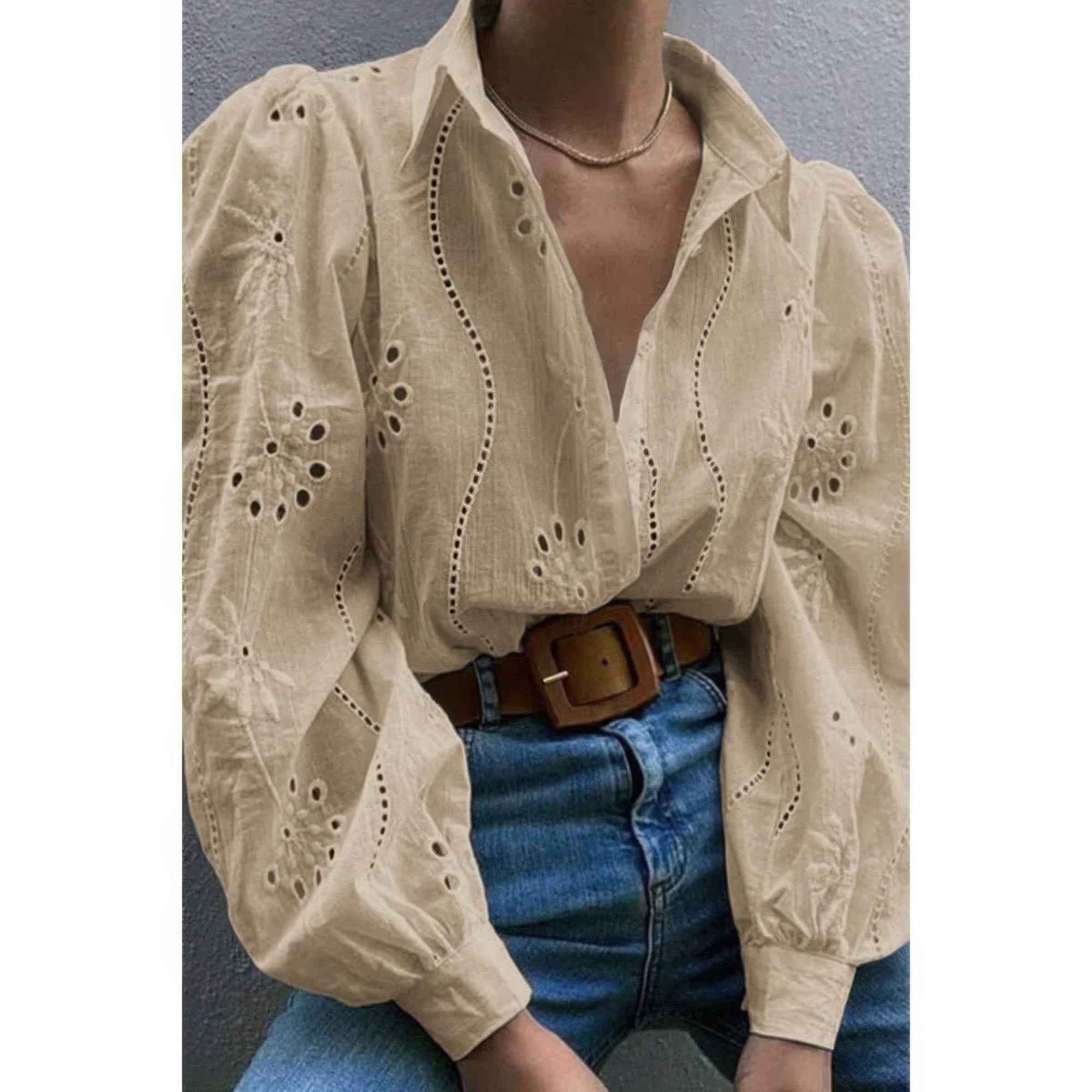 Hollow Out Solid Button Puff Sleeves Blouse