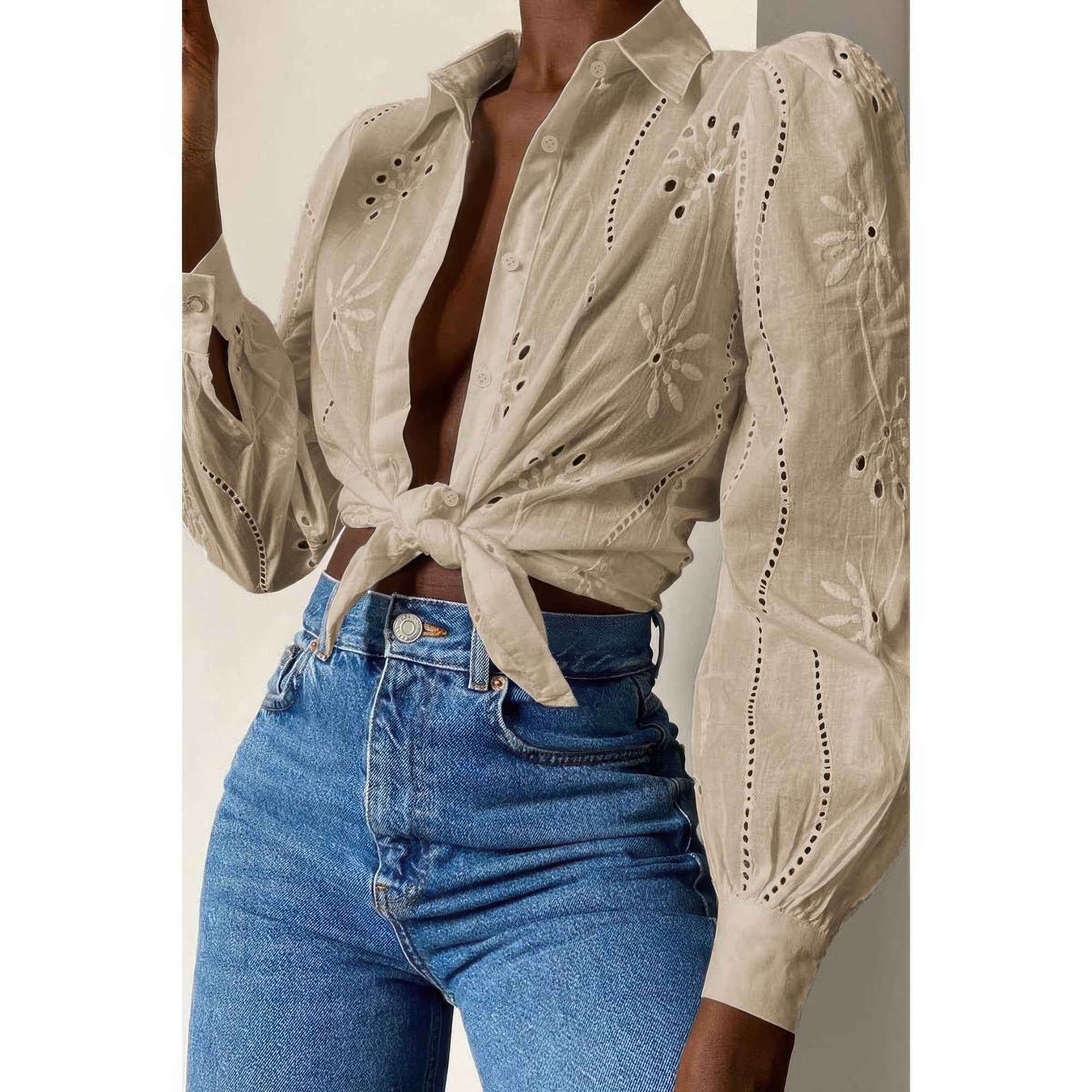 Hollow Out Solid Button Puff Sleeves Blouse