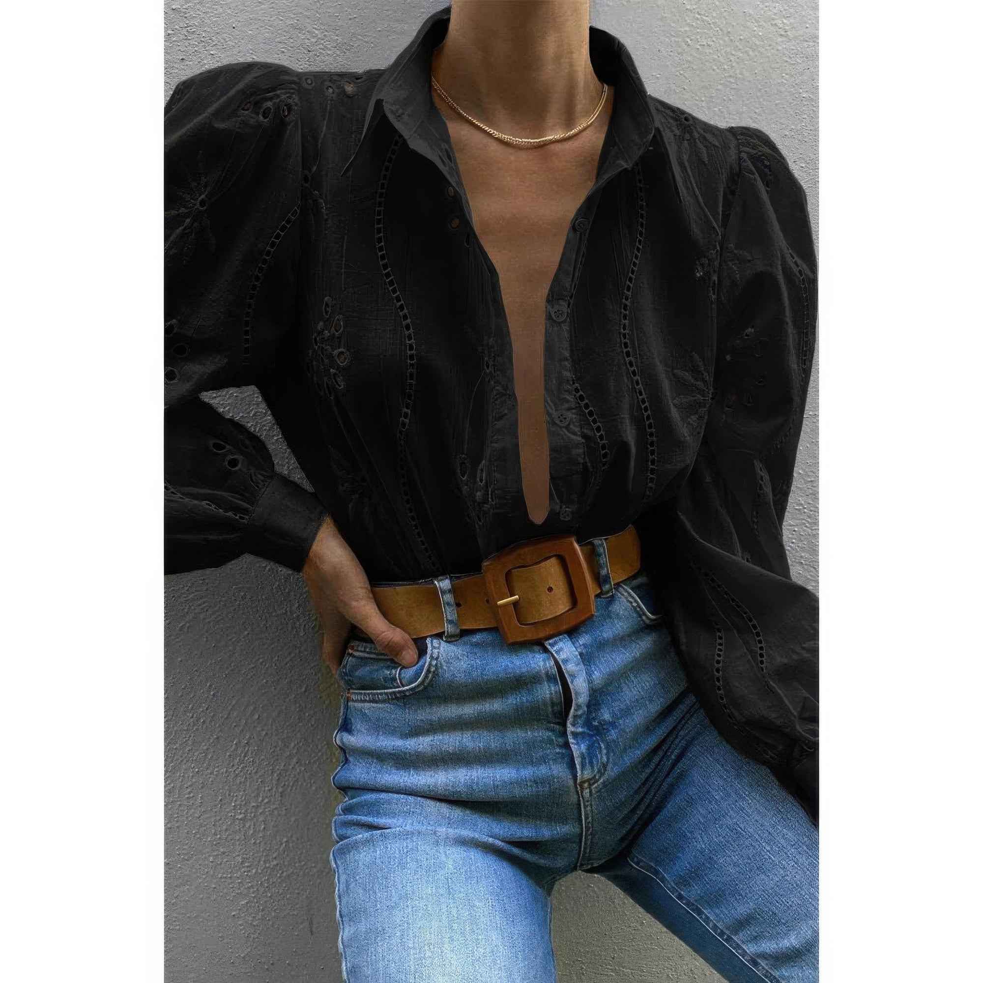 Hollow Out Solid Button Puff Sleeves Blouse