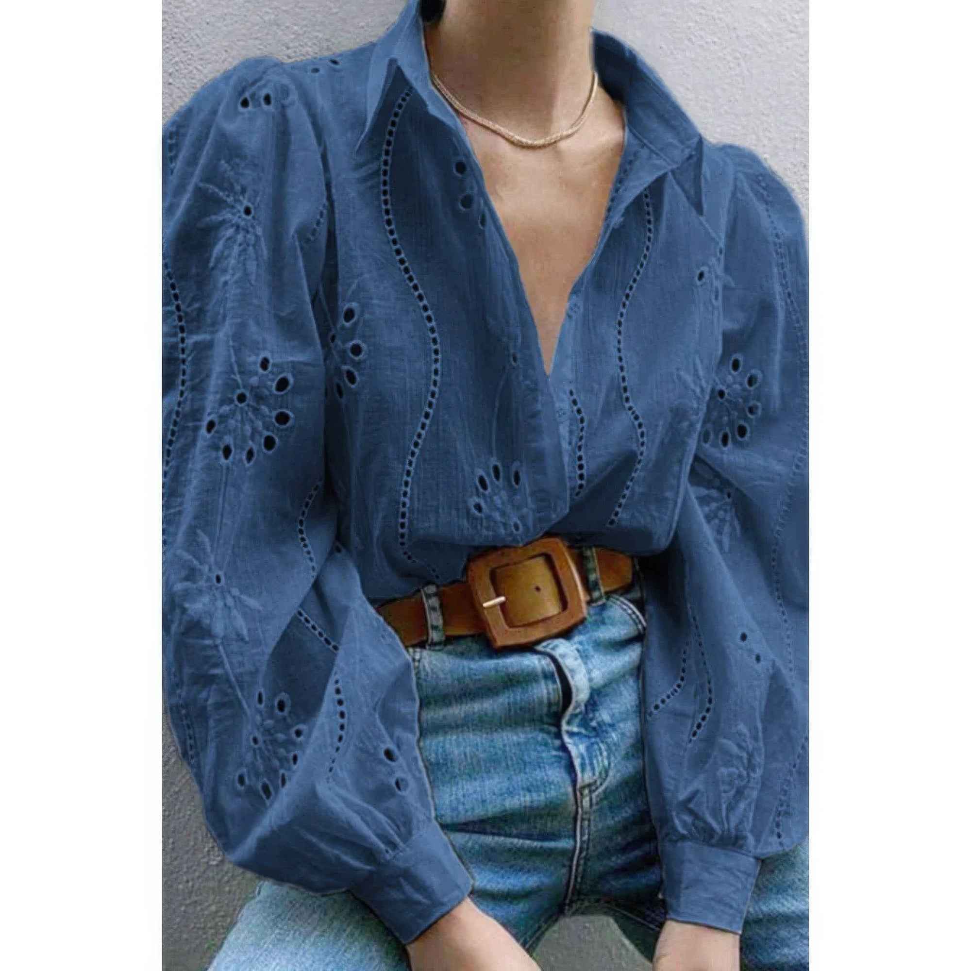 Hollow Out Solid Button Puff Sleeves Blouse