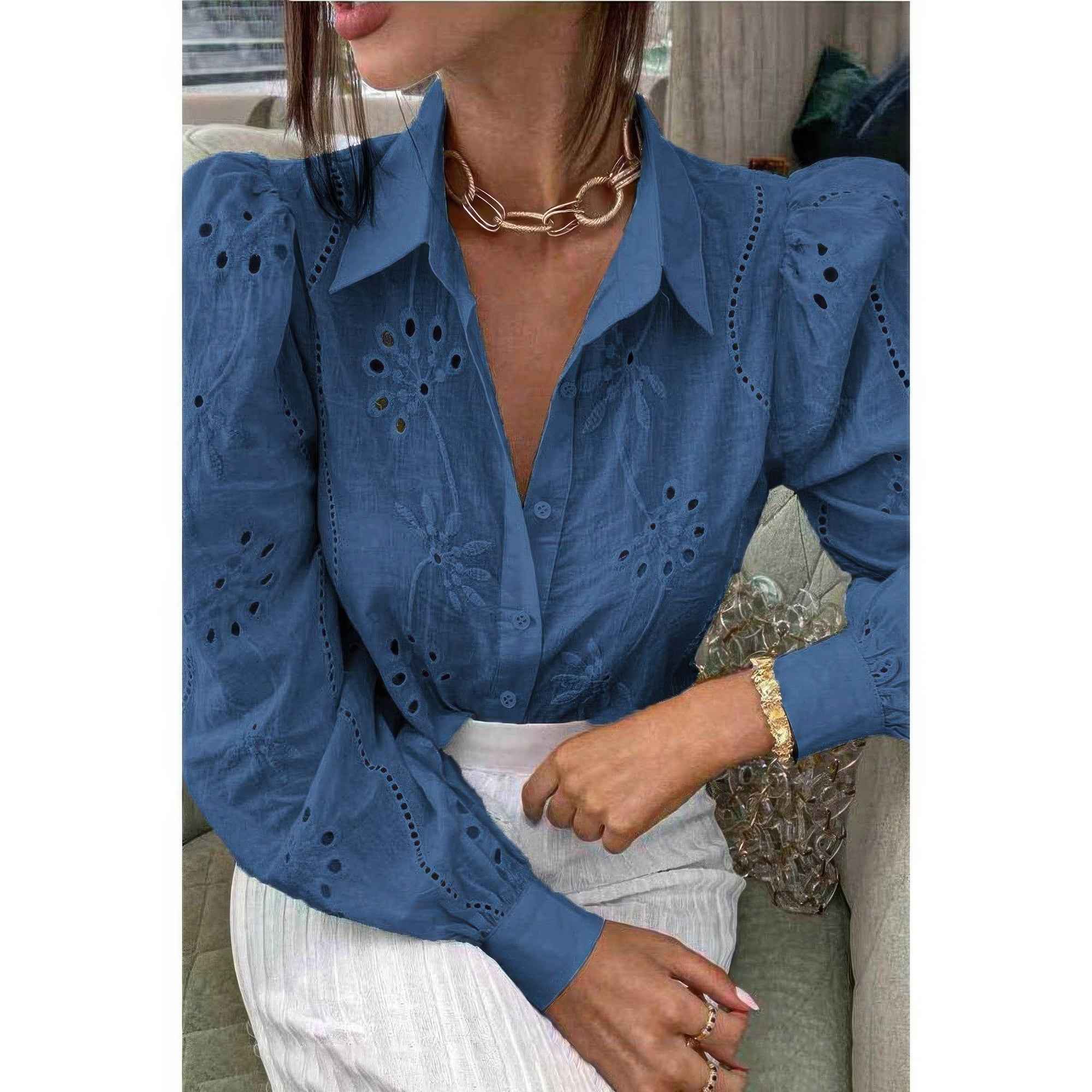 Hollow Out Solid Button Puff Sleeves Blouse