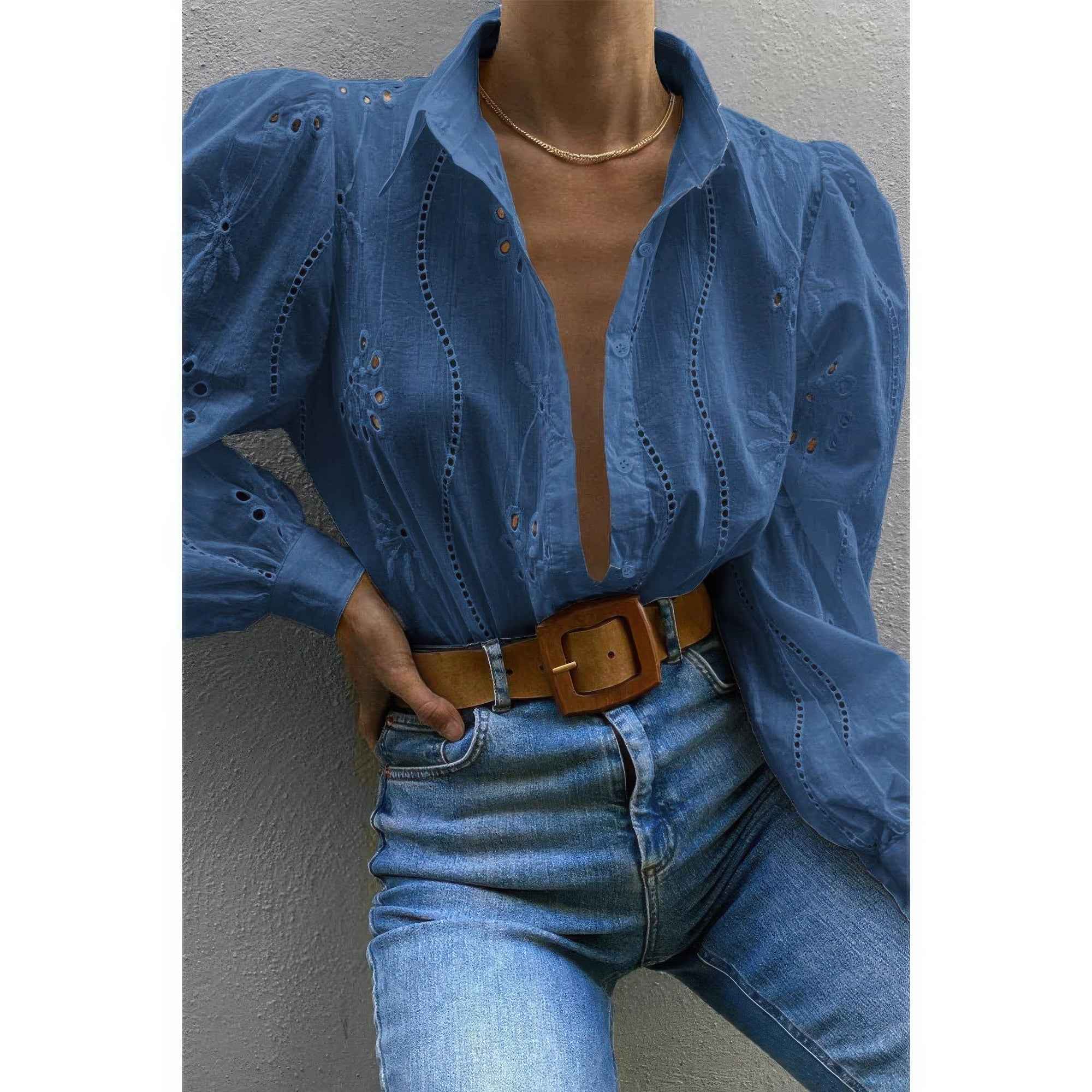 Hollow Out Solid Button Puff Sleeves Blouse