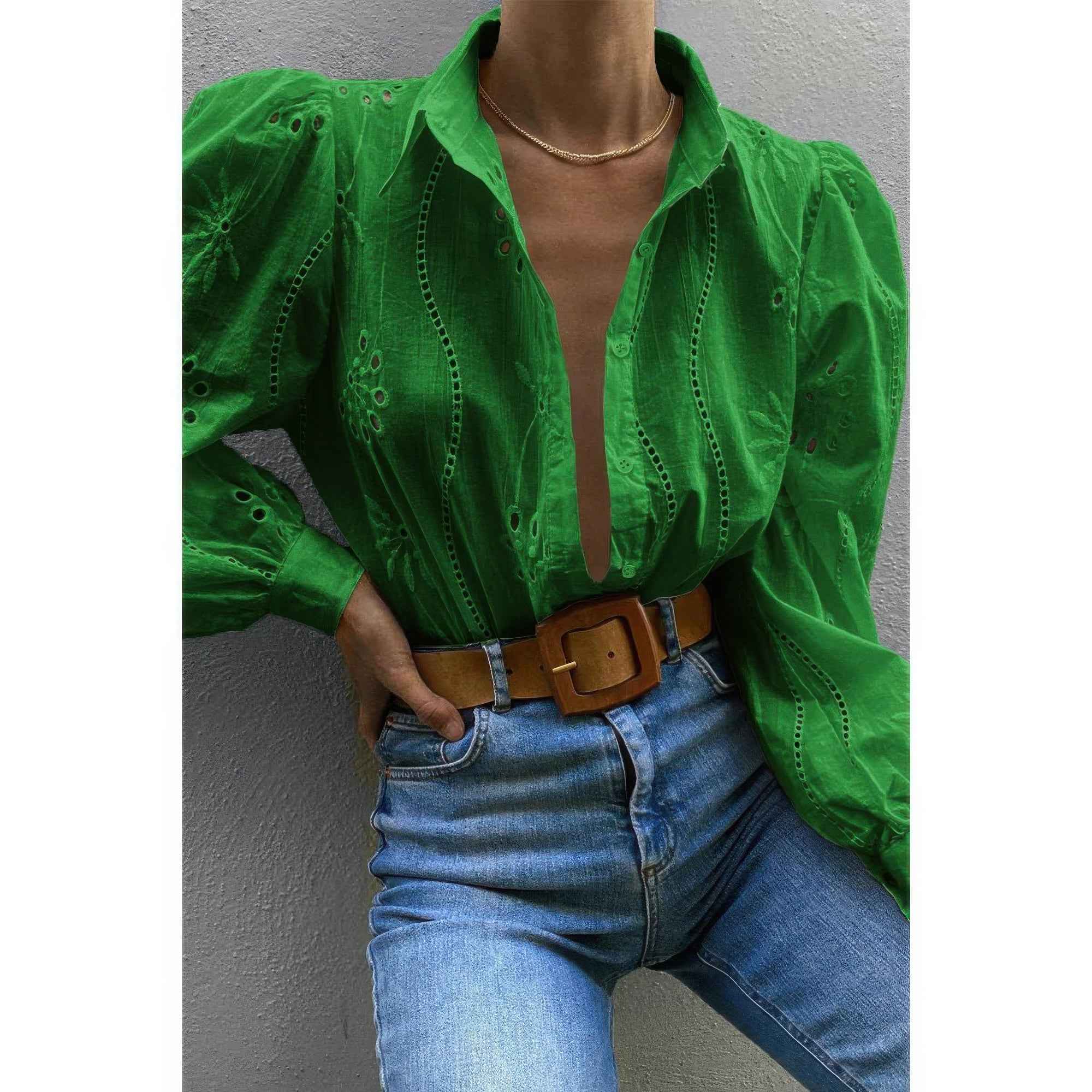 Hollow Out Solid Button Puff Sleeves Blouse