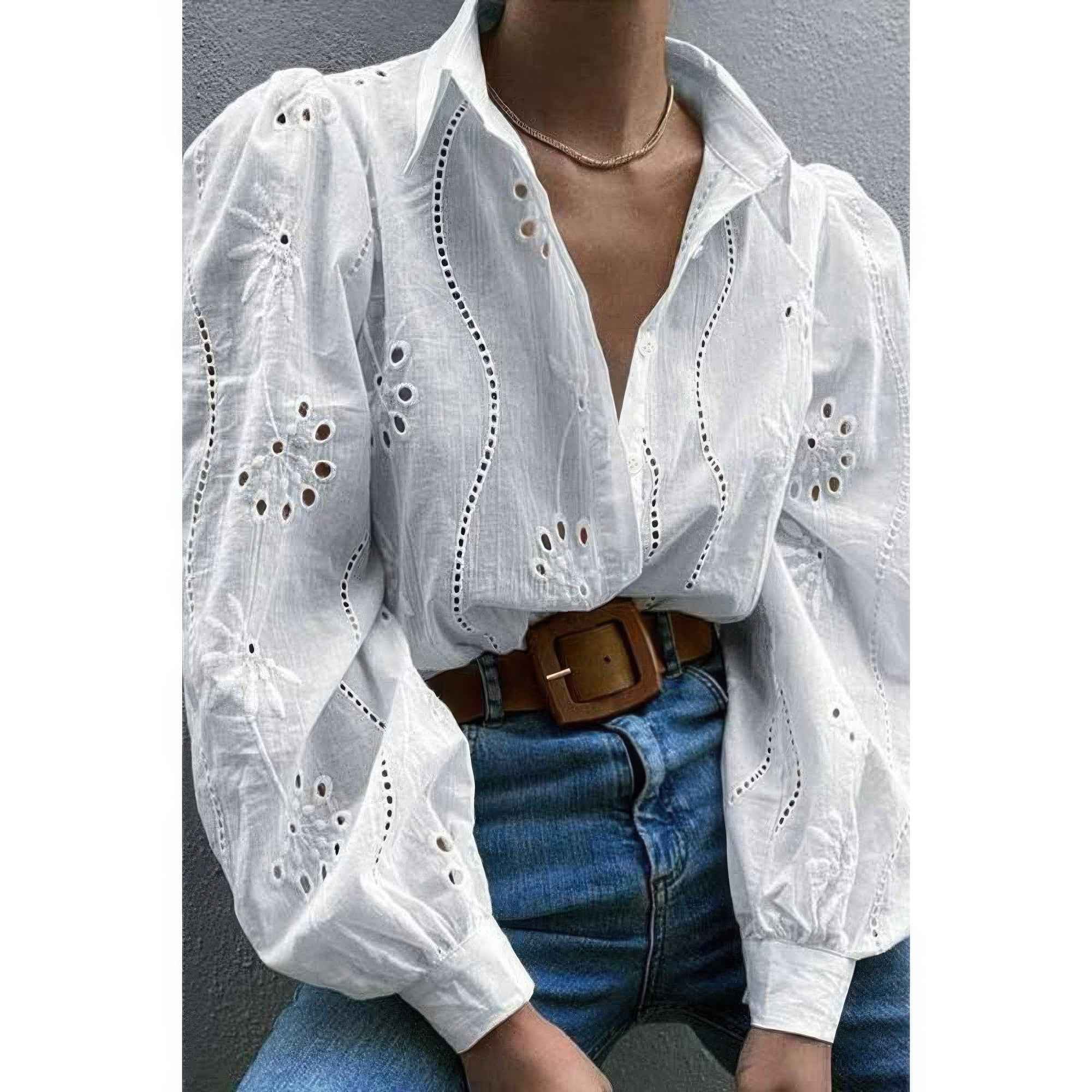 Hollow Out Solid Button Puff Sleeves Blouse