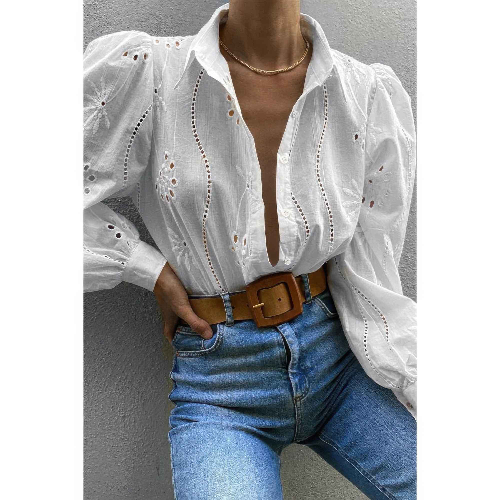 Hollow Out Solid Button Puff Sleeves Blouse