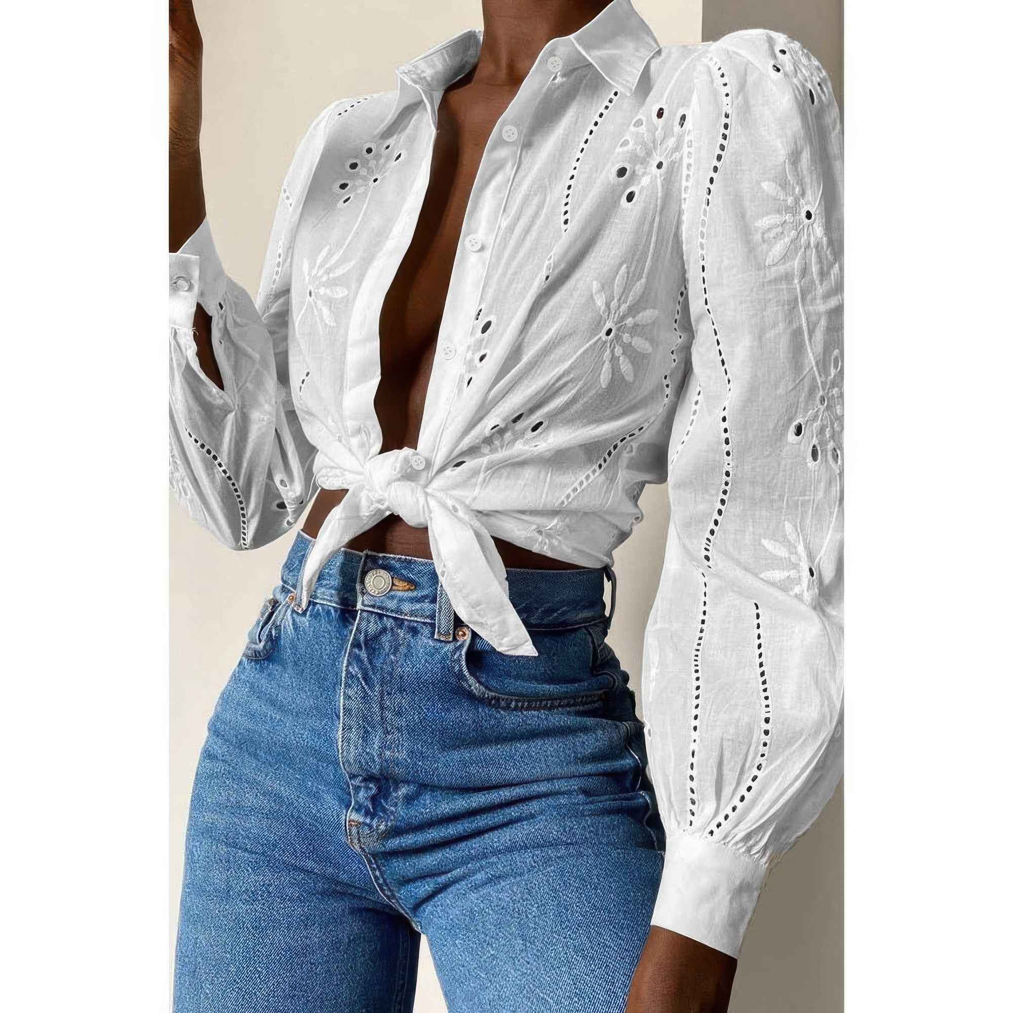 Hollow Out Solid Button Puff Sleeves Blouse