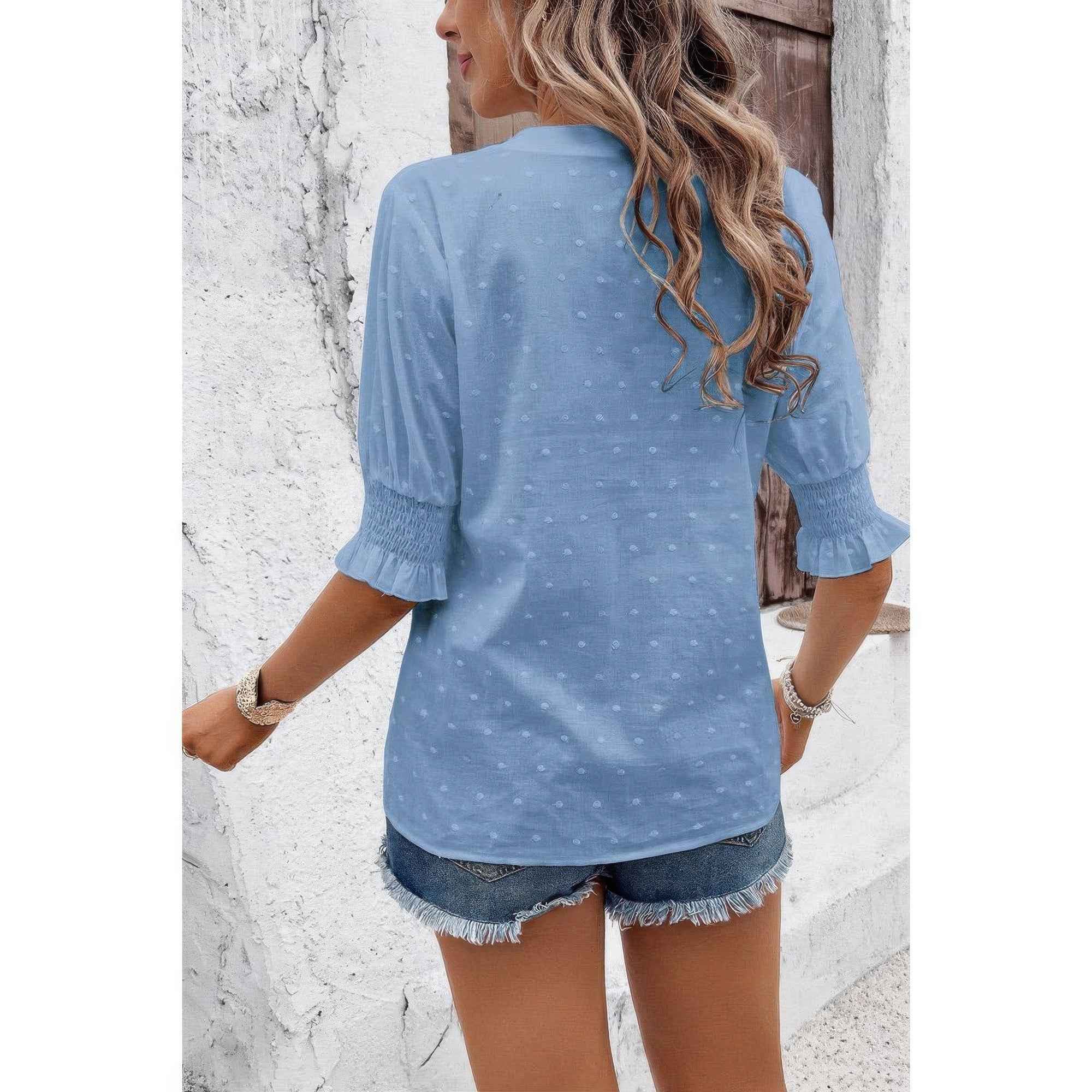 Solid Hollow Out Ruffle Hem V Neck Loose Blouse