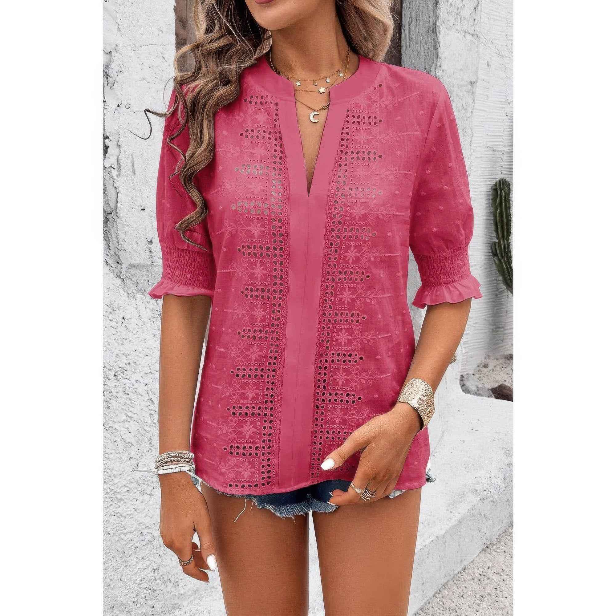 Solid Hollow Out Ruffle Hem V Neck Loose Blouse