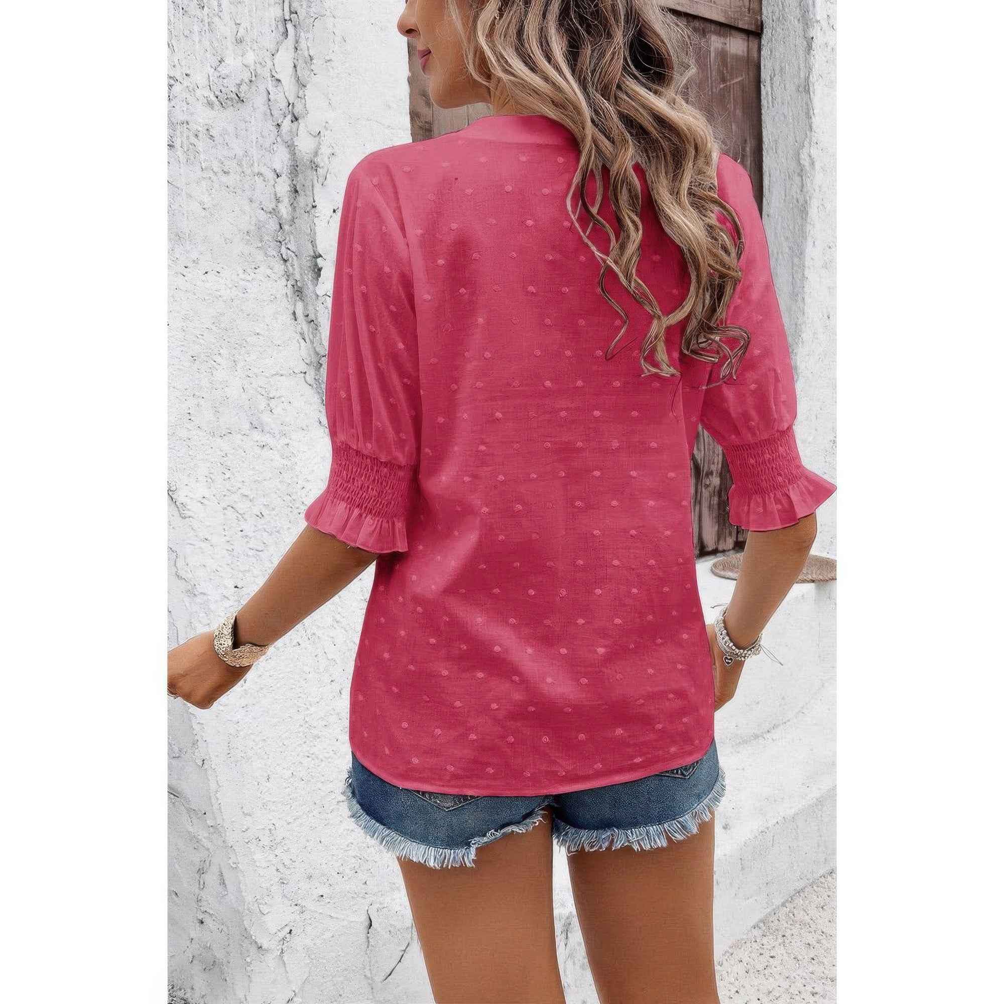 Solid Hollow Out Ruffle Hem V Neck Loose Blouse