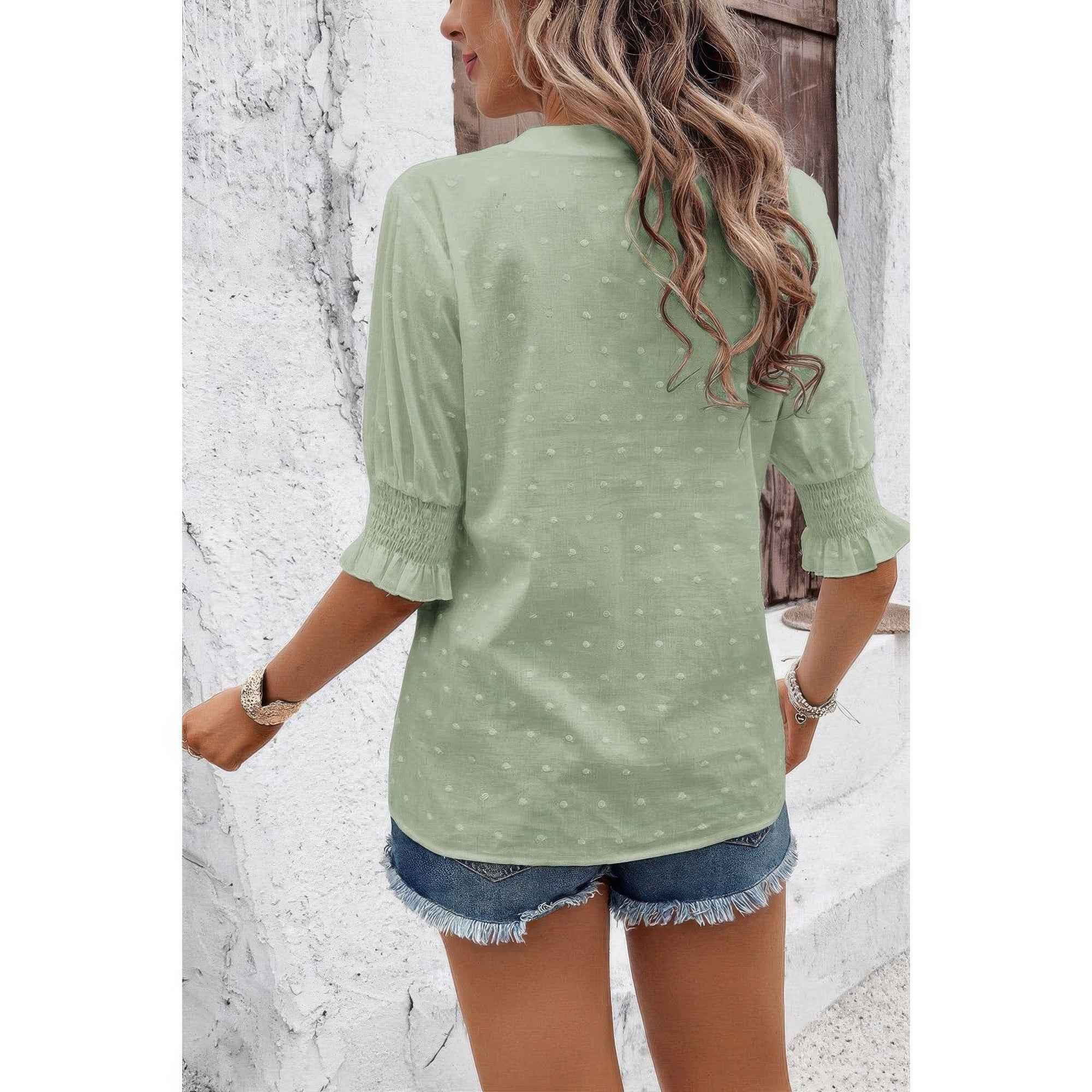 Solid Hollow Out Ruffle Hem V Neck Loose Blouse