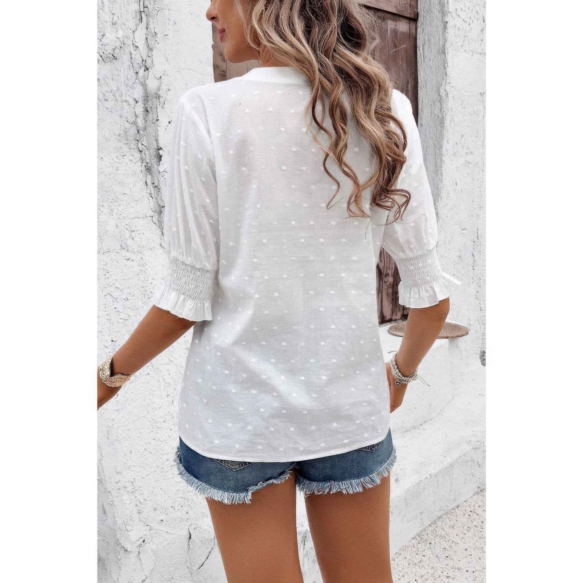 Solid Hollow Out Ruffle Hem V Neck Loose Blouse