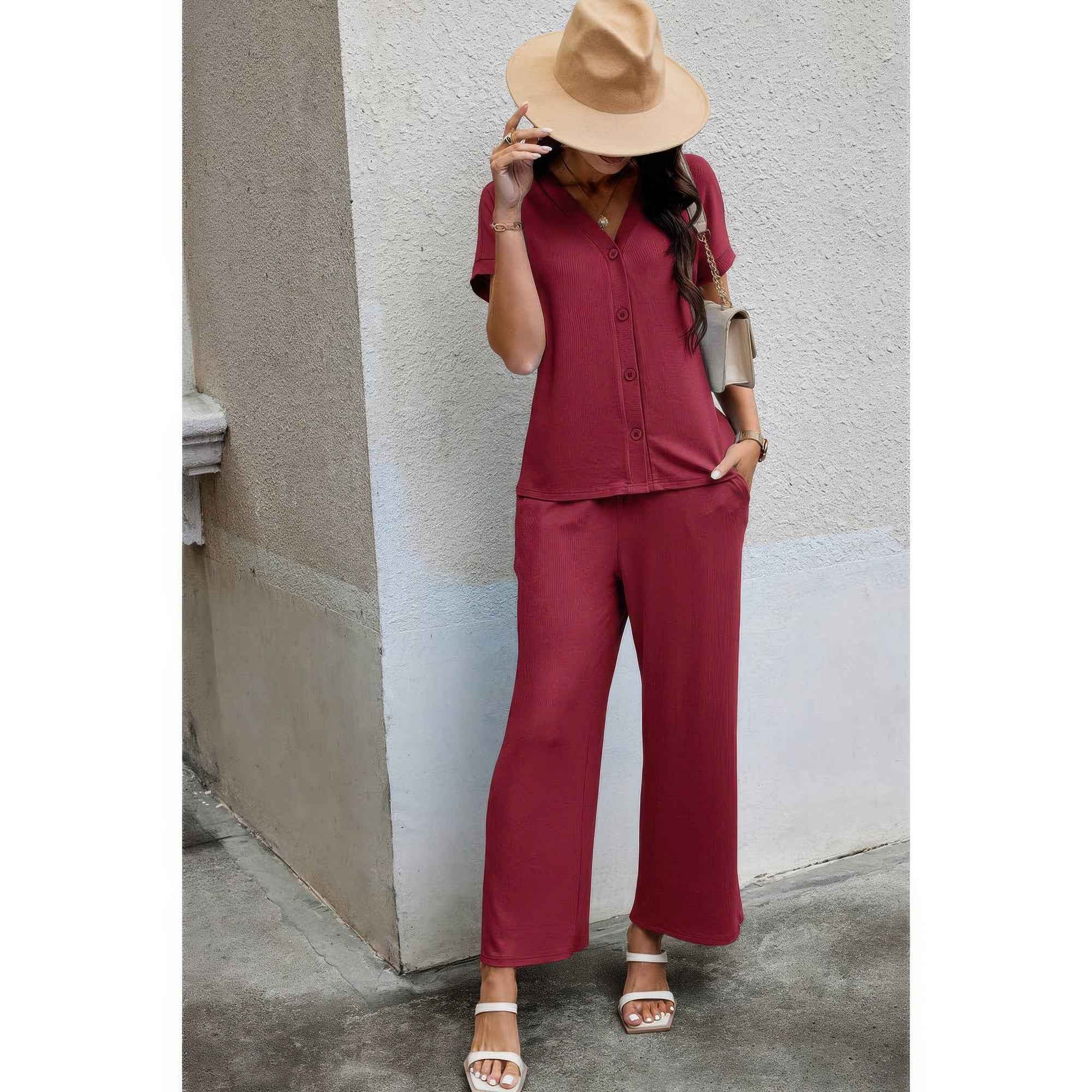Solid Knit Pockets Button Up Two Pieces V Neck Set
