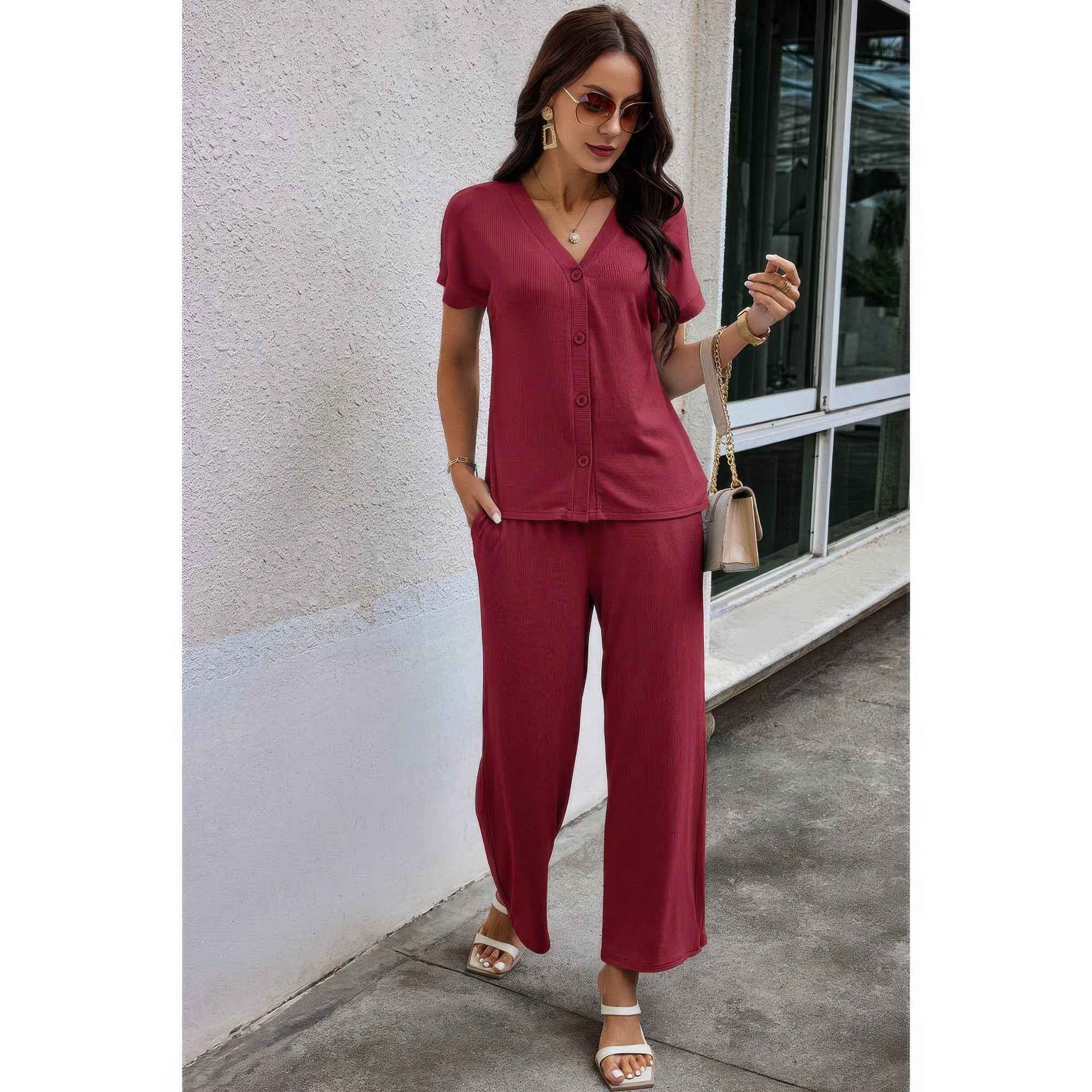 Solid Knit Pockets Button Up Two Pieces V Neck Set