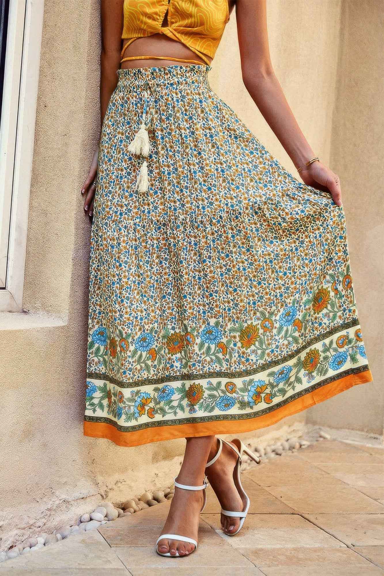 Drawstring Floral Ruffled Maxi Skirt