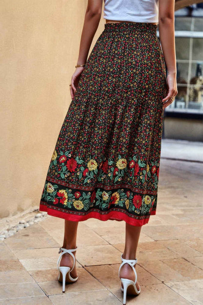 Drawstring Floral Ruffled Maxi Skirt